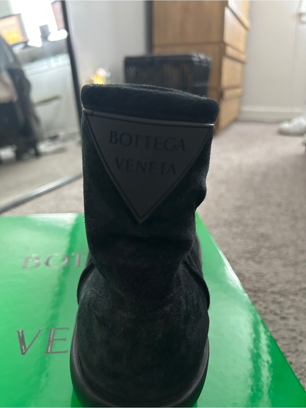 Bottega Veneta Black Suede Logo Ankle Boot on Green Box - Picture 7 of 12